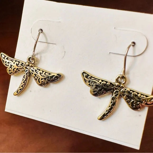 Gold Dragonfly Dangle Earrings - Picture 4 of 5